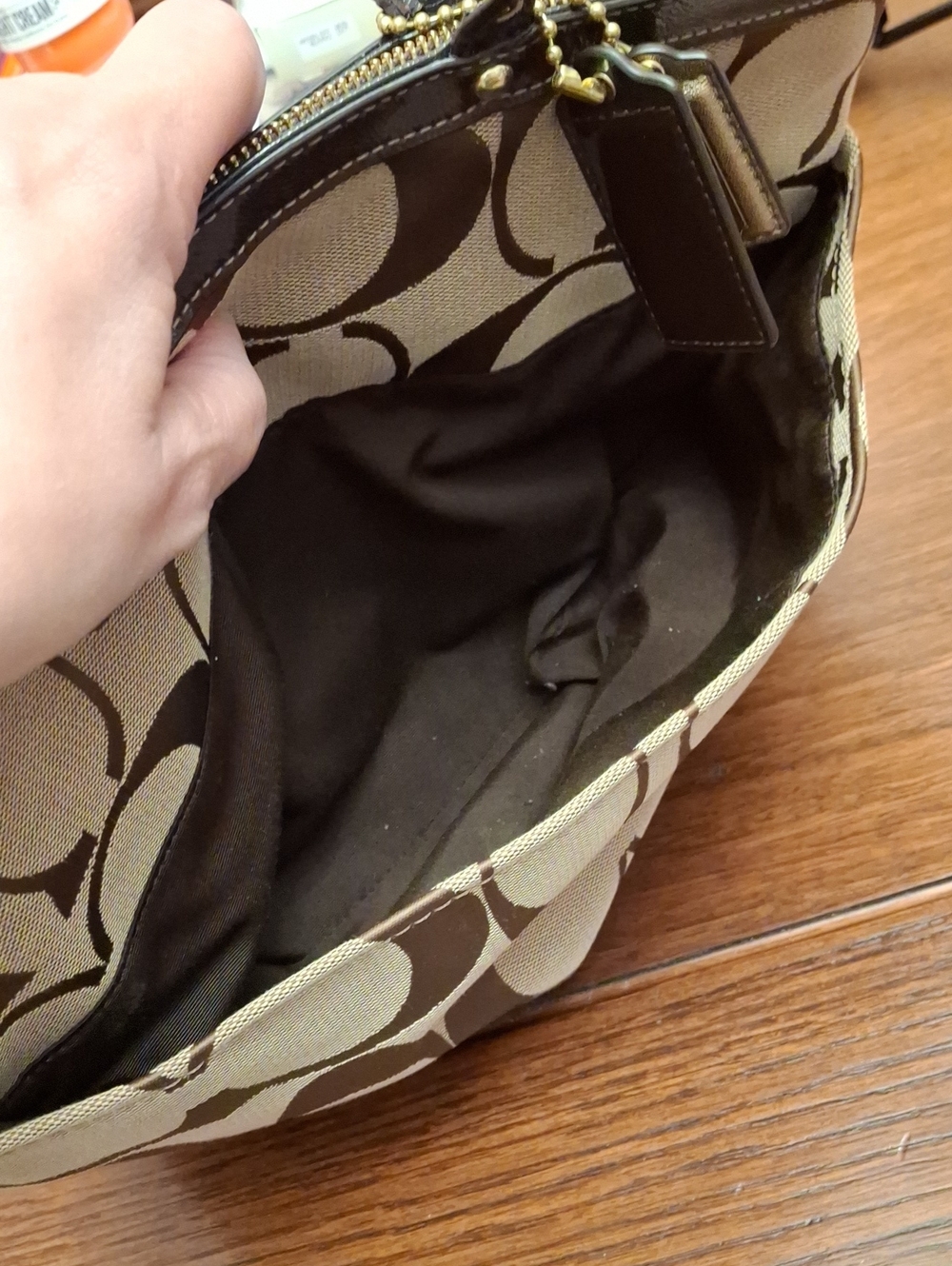 2013 Jan Coach signature-pattern canvas tote dark brown Accents Prelove Like New - Picture 15 of 16